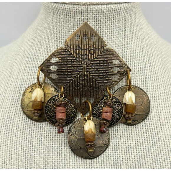 Vintage M Baer Acc SF Brass Artisan Brooch Dangling Beads & Discs Statement Pin - Picture 6 of 6